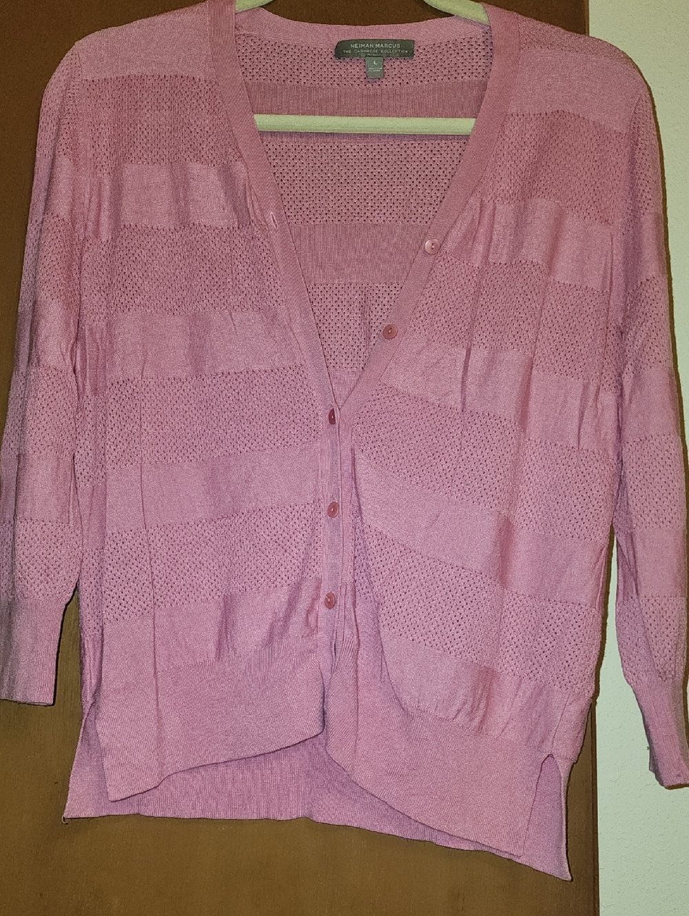 Neiman Marcus Pink Open-Knit Button Cardigan (The Cashmere Collection)